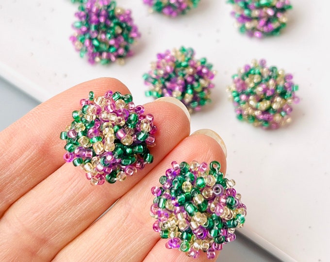 6 Purple, Green and Gold Bead Beaded Earring Posts Toppers 20mm Round Circle Stud Post & Backs Connector Loop Holes