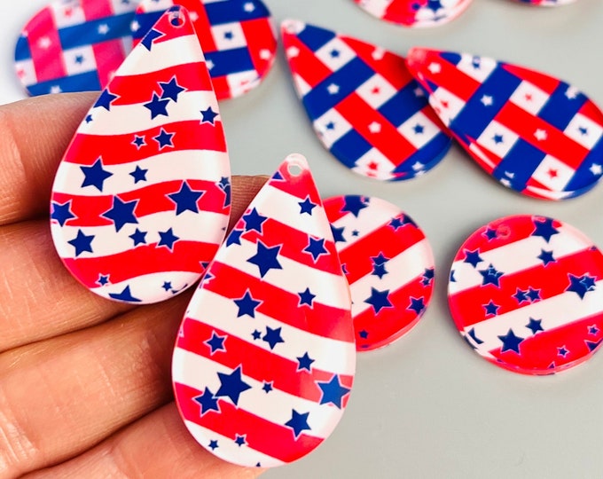 Bulk (2-24pcs) Many Patterns/Sizes Patriotic Red White Blue Acrylic Earring Blanks July 4th Round Hoop or Teardrop Shape DIY Earring Jewelry