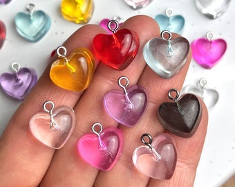 16mm high x 14mm wide 24 Pieces Translucent Pink, Clear, Red, Purple, Blue, Clear, Yellow, Gray Resin Heart Charms, Beads, Cabochons