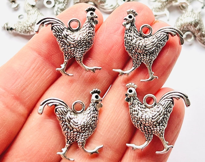 6/12/24 Pieces Silver Tone Chicken Rooster Double Sided Pendant Charms W/ Connector Link Hole, Jewelry Making Supplies, DIY Earrings