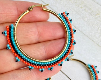 1.75” Blue, Red & Black Glass Bead Beaded Gold Plated Stainless Steel Hoop Hoops Earrings Ear Wires