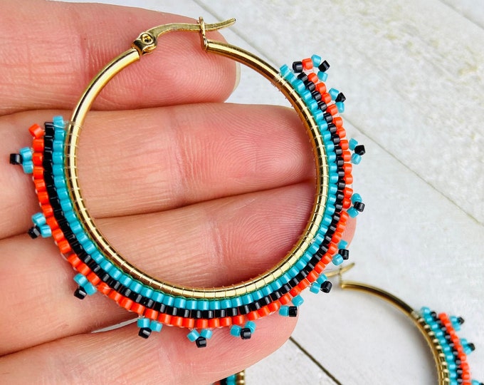 1.75” Blue, Red & Black Glass Bead Beaded Gold Plated Stainless Steel Hoop Hoops Earrings Ear Wires