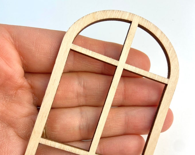 Unfinished 1/12th Scale Wood Dollhouse Fairy Garden Church Diorama Bird House Round Arch Top Square Grid Grids Window Crafts Doll House 1:12