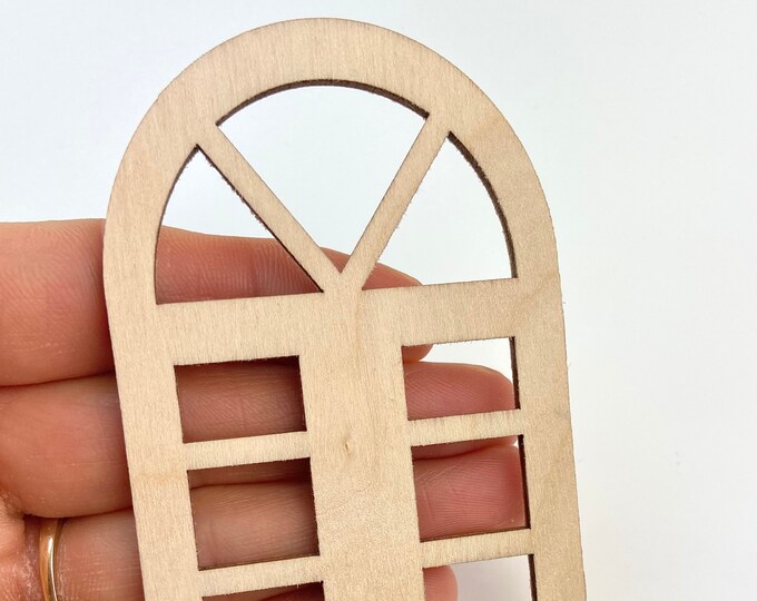 Unfinished 1/12th Scale Wood Dollhouse Fairy Garden Church Diorama Bird House Round Sunburst Arch Square Grids Window Crafts Doll House 1:12