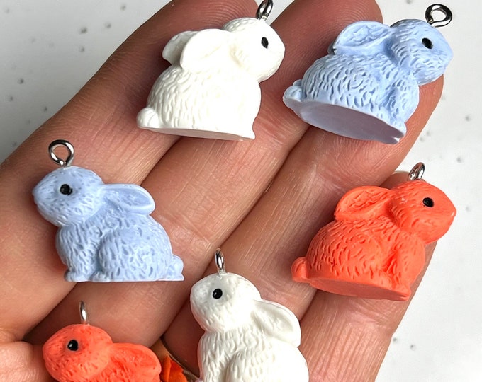 6/12/24 Pieces White, Blue or Orange 3D Bunny Rabbit Pendant Jewelry Making Charms, Bunny Easter Beads