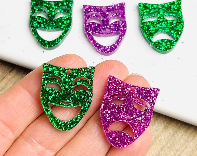 Mardi Gras Earring Blanks Purple & Green Glitter Stacked Theater Comedy Tragedy Masks DIY Acrylic Cutout Earrings Jewelry Made in Texas