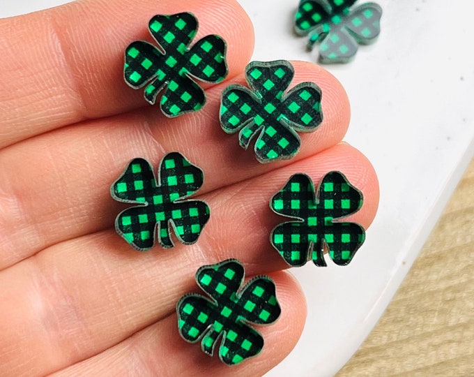 6/12/24 Pcs Green Buffalo Plaid Shamrock Clover Stud Acrylic Earring Blanks, Cutout Earring Earrings, Jewelry Blanks Made in Texas