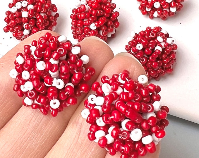 20mm Maroon and White 3 Pairs Beaded Earring Toppers Post & Backs w/Connector Loop Holes, Bead Earring Toppers, Beaded earring posts