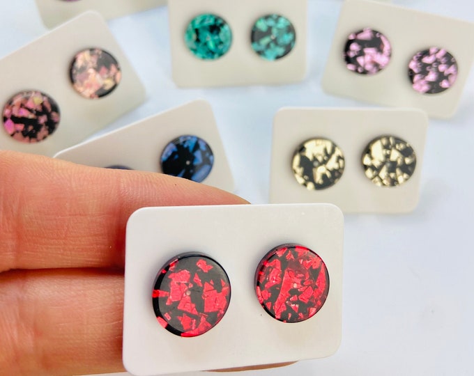 9 Pairs of 12mm Acrylic Round Disc Button Black and Glitter Stud Earrings w/ Stainless Steel Posts & Earring Backs Silver,Pink, Blue, Green