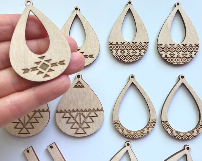 6 Pairs Boho Tribal Aztec Unfinished Wood Laser Cutout Teardrop & Rectangle DIY Paint or Stain Earrings Jewelry Blanks Crafts Texas Made