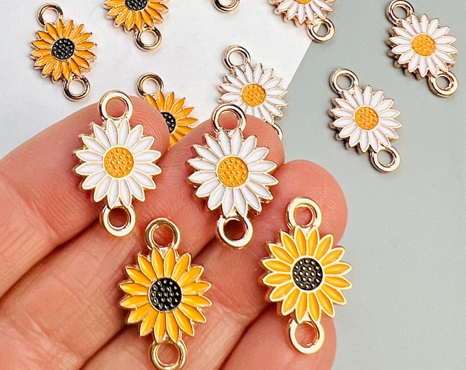 6/12/24 Pieces Yellow Sunflower or White Daisy Flower Charms w/ Two Loop Connector Jewelry Making DIY Earring Charms, Earring Supplies