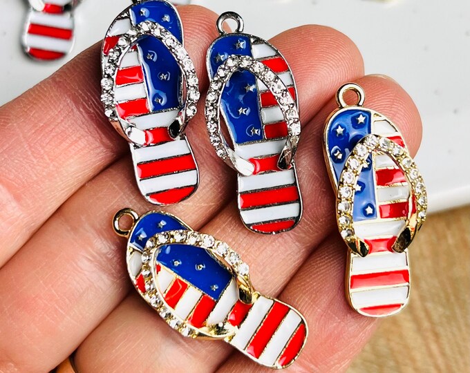 Clearance 12Pcs Red White and Blue Patriotic Rhinestone Flip Flop Jewelry Earring Charms, Beach Sandal Charms, 4th of July earring blanks