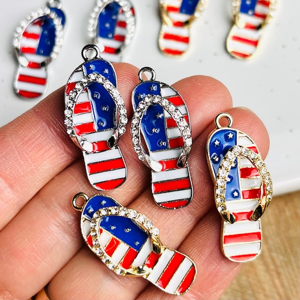 2/4/6/12 Pieces Red White and Blue Patriotic Rhinestone Flip Flop Jewelry Earring Charms, Beach Sandal Charms, 4th of July earring blanks