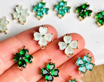 Gold Plated Brass Cubic Zirconia Four Leaf Clover w/two connector holes Jewelry, Pendant, Earring Charms