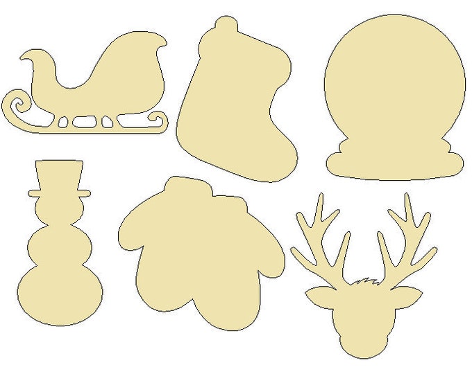 6-Pack Christmas Door Hangers with/without Holes Unfinished Wood Cutouts Reindeer,Sleigh,Stocking,Snow Globe,Mittens,Snowman ALL SIZES