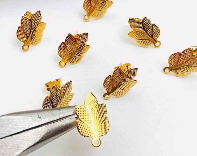 12pcs Gold Plated Leaf Stainless Steel Stud Post Earrings & Backs Connector Loop Holes Dangle Earring Findings Jewelry Making