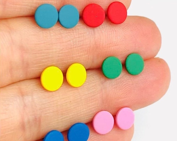 6 Pairs of Multiple Colors Rubberized Paint Tiny Button Flat Round  6mm Stud Earrings Sterling Silver Post Earring Backs