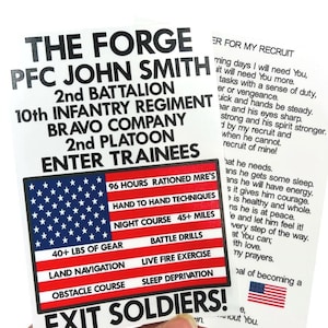 May include: Two white cards with black text and an American flag design. One card reads "THE FORGE PFC JOHN SMITH" and details military training. The other card contains a poem. The cards are held by a person.