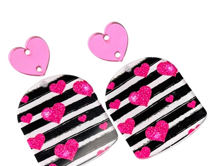 DIY Earring Blanks Heart Black and White Arch Shape with Stripe Pink Mirror Heart Connectors