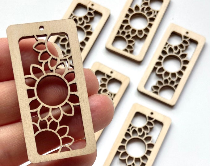 BULK (12pc to 100pc) Unfinished Wood Open Rectangle w/ Sunflower Flower Cutout Dangle Earrings Jewelry Blanks Shape Crafts Texas Made