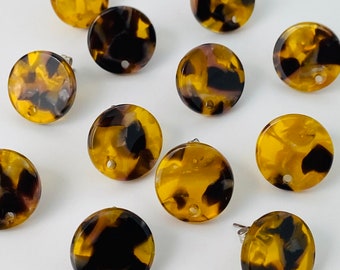 12 Acrylic 14mm Round Stud Post Tortoise Brown Yellow Earrings & Backs Connector Loop Holes Dangle Style Earring Findings Jewelry Making