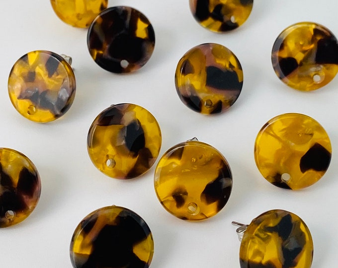 12 Acrylic 14mm Round Stud Post Tortoise Brown Yellow Earrings & Backs Connector Loop Holes Dangle Style Earring Findings Jewelry Making