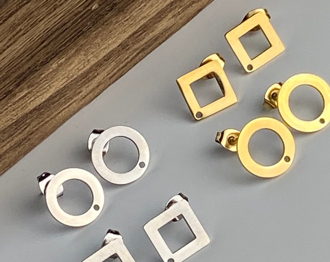 Clearance 12 Gold or Silver Titanium Steel Stud Post Earrings & Backs Square or Open Circle Connector Loop Holes Dangle Earring Findings
