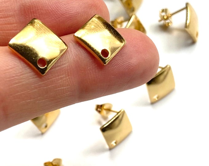 Clearance 12pcs Imperfect 18k Gold Plated Stainless Steel 316 Square Stud Post w/Connector Hole Earrings & 12 Earring Backs 10mm