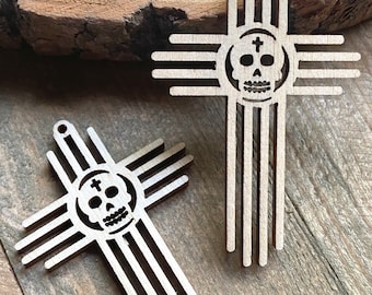 Unfinished Wood Sugar Skull Zia Sun Charms, DIY Jewelry Making