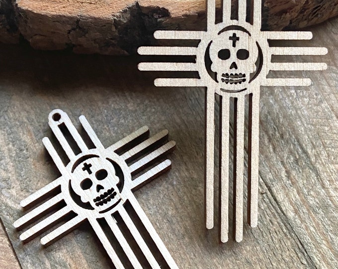 12pc or 24pc Unfinished Wood Sugar Skull New Mexico Zia Sun Symbol Cutout Hanging Charm Ornament Jewelry Blanks Shape Crafts Made in Texas