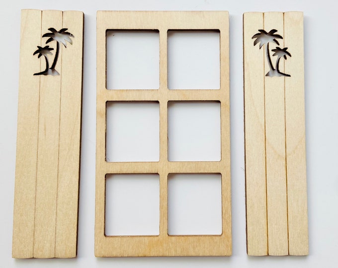 Unfinished 1/12th Scale Wood Dollhouse Fairy Garden Church Diorama Bird House Squares Window with Palm Tree Shutters Crafts Doll House 1:12