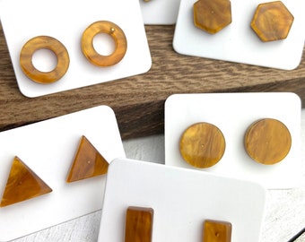 6 Pairs 12mm Golden Tortoise Acrylic Resin Stud Post Minimalist Geometric Earrings Rectangle Bar-Triangle-Open Circle-Hexagon-Heart-Round