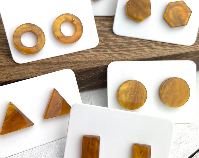 6 Pairs 12mm Golden Tortoise Acrylic Resin Stud Post Minimalist Geometric Earrings Rectangle Bar-Triangle-Open Circle-Hexagon-Heart-Round