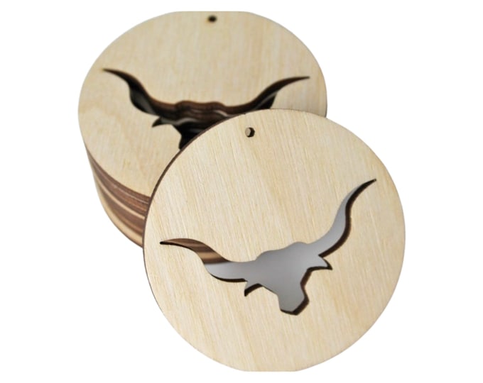 BULK (12pc to 100pc) Unfinished Wood Round Circle Longhorn Steer Cow Cutout Dangle Earring Jewelry Blanks Charms Shape Crafts Made in Texas