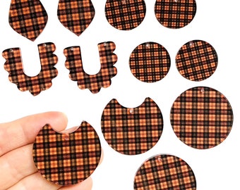Pick your Shape! Fall Halloween Orange & Black Plaid Patterned Acrylic Earring Blanks