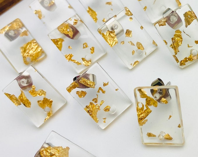 12 Acrylic 16mm Rectangle Stud Post Clear with Gold Foil Earrings & Backs Connector Loop Holes Dangle Style Earring Findings Jewelry Making