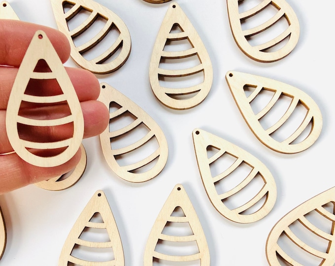 BULK (12pc to 100pc) Unfinished Wood Wooden TearDrop Divided Curved Line Cutout Hanging Dangle Earring Earrings Jewelry Blanks Made in Texas