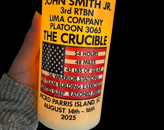 Ships Fast from Texas! Personalized Crucible Smooth Wax LED Flameless Flickering Prayer Candle with Name, Battalion, Company, and Platoon.