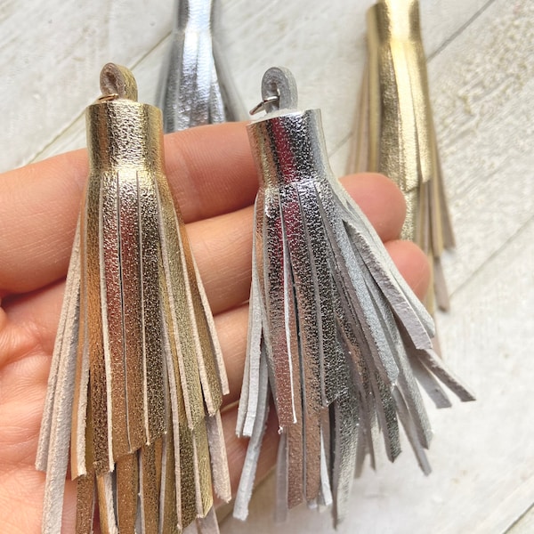 4pcs Gold or Silver Leather  4” Earring Tassels w/Connector Loop Jump Rings Attached Great for DIY Earrings Keychains Purse Fringe Tassel