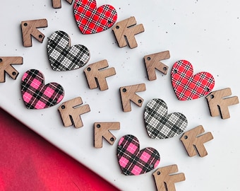 Flannel Plaid Heart & Walnut Arrow Earring Blanks - DIY Earrings Valentine's Day