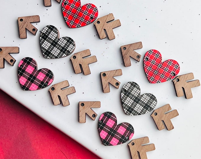 Flannel Plaid Heart & Walnut Arrow Earring Blanks - DIY Earrings Valentine's Day