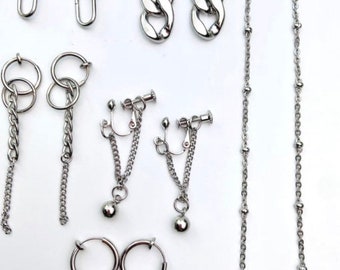 6 Pairs Minimalist Modern Style Stainless Steel Dangle Non Pierced Ears Clip On Earrings Chains & Hoops, Spikes