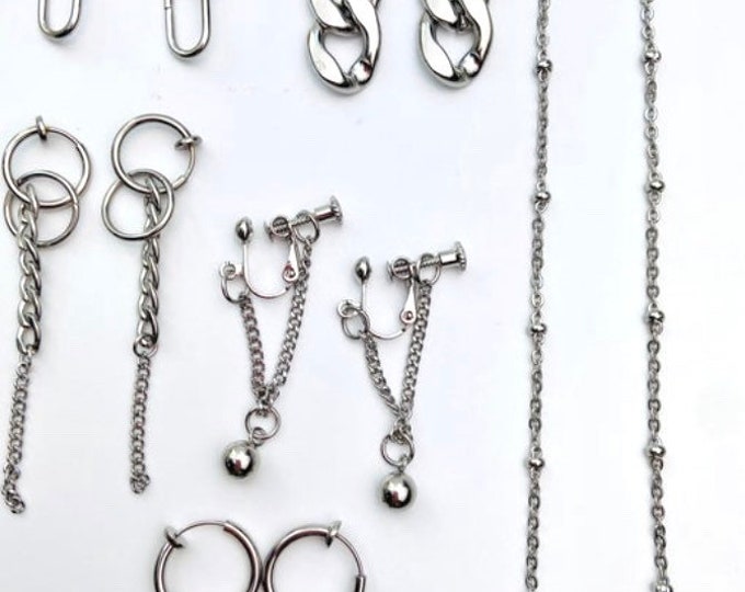 6 Pairs Minimalist Modern Style Stainless Steel Dangle Non Pierced Ears Clip On Earrings Chains & Hoops, Spikes