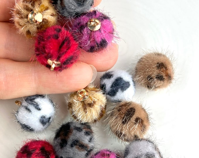 Clearance 12 Pieces Leopard Animal Print Fuzzy Furry Ball Connector Charms Pom Pom Earrings 14mm with gold tone hanging loop