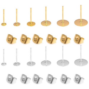 50pc Flat Pads Stud Post 18k Gold Plated OR Silver 316 Stainless Steel Earrings & 50pc Backs Studs Findings Sizes: 6mm,8mm,10mm,12mm,14mm image 2