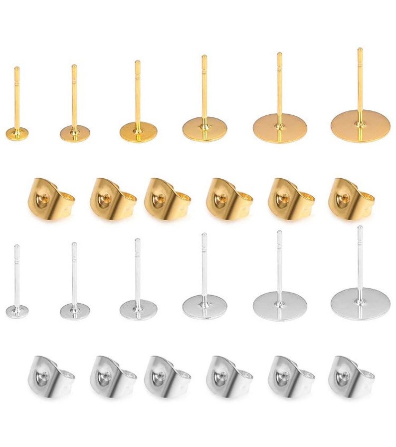 50pc Flat Pads Stud Post 18k Gold Plated OR Silver 316 Stainless Steel Earrings & 50pc Backs Studs Findings Sizes: 6mm,8mm,10mm,12mm,14mm image 2