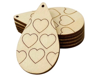 Wood Teardrop Earring Blanks with Hearts, DIY Jewelry Making (Made in Texas)