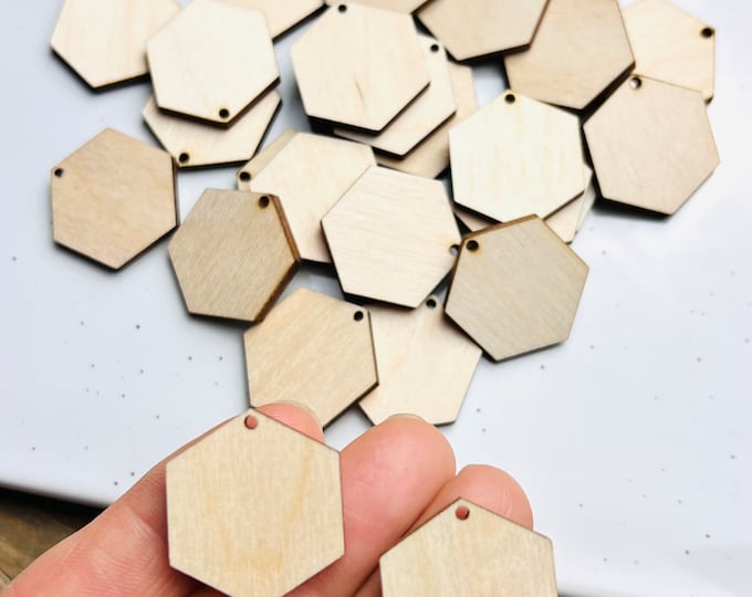 ALL SIZES BULK (12pc to 100pc) Unfinished Wood Laser Cutout Solid Hexagon Earring Jewelry Blanks Shape Crafts Made in Texas