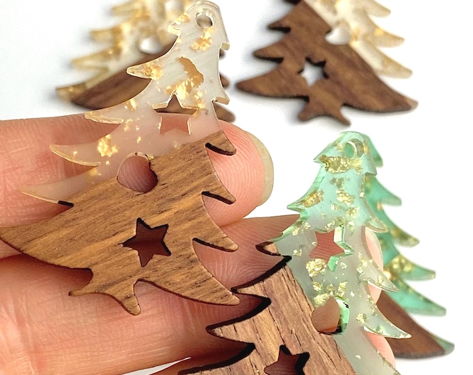4 Resin & Wood 38mm or 1.5” Christmas Pine Tree Beads Charms with Connector Loop Hole Earring Findings Jewelry Making Craft