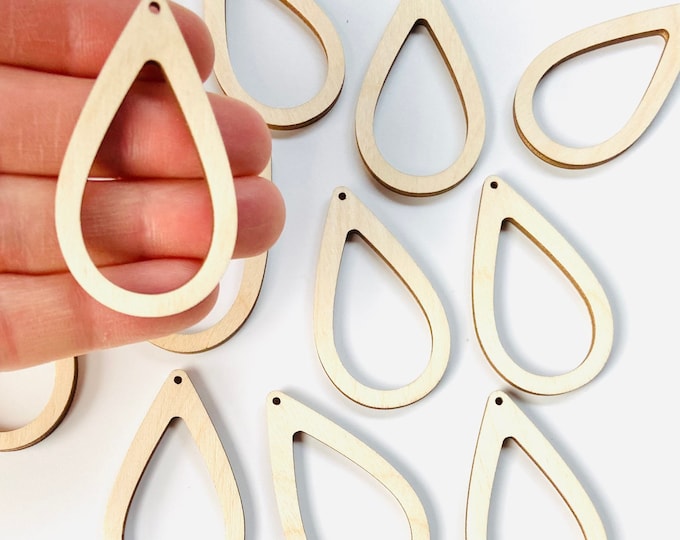 ALL SIZES BULK (12pc to 100pc) Unfinished Wood Laser Cutout Frame Hollow Teardrop Hoop Earring Earrings Jewelry Blanks Crafts Made in Texas